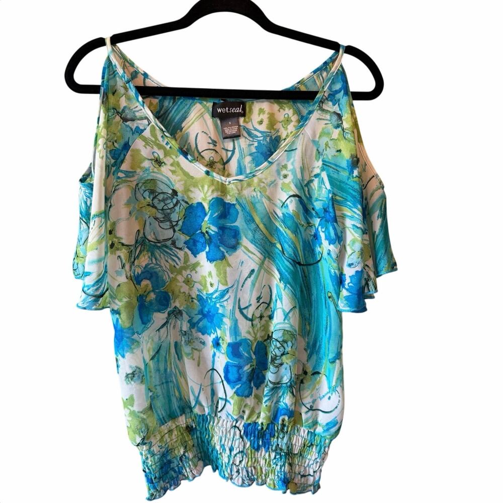 Y2K Wet Seal Boho Chic: Sheer Floral Cold-Shoulder Blouse, Smocked Waist, Small - Picture 2 of 8